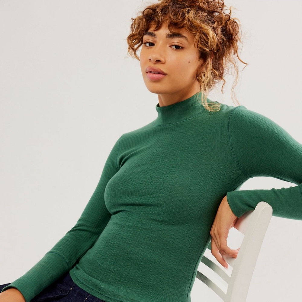 Free People Forest Green Ribbed Mock Neck Top